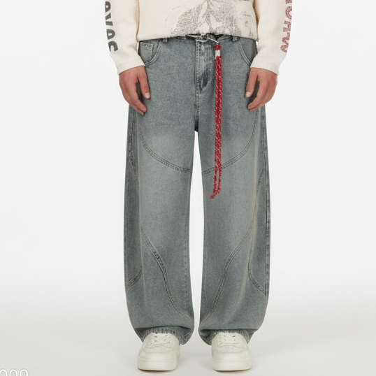 Retro Patchwork Barrel Jeans - Blue