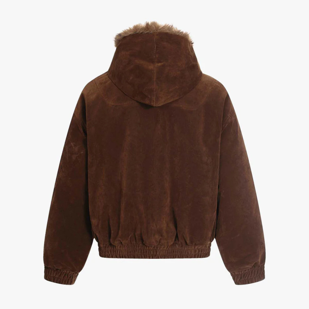 Streetwear Metal Clip Faux Fur Hooded Suede Bomber Jacket