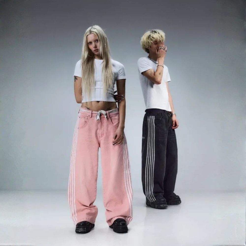 Embroidered Striped Baggy Jeans - Blue