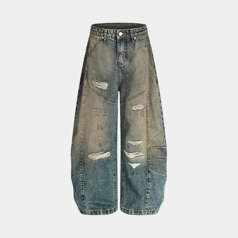 Vintage Mud-Dyed Distressed Barrel Jeans