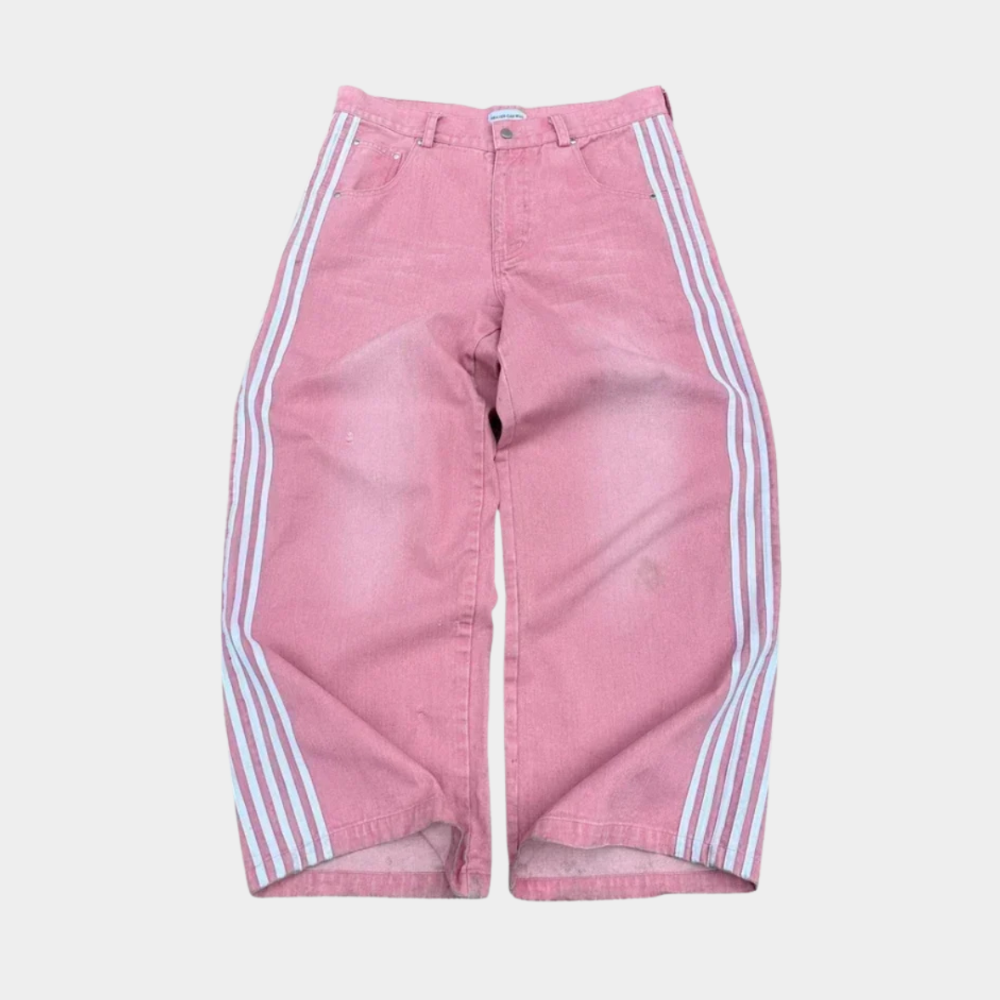 Embroidered Striped Baggy Jeans - Blue