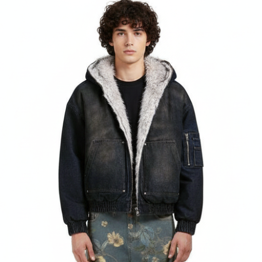 Denim Fur Hooded Jacket - Deep Blue