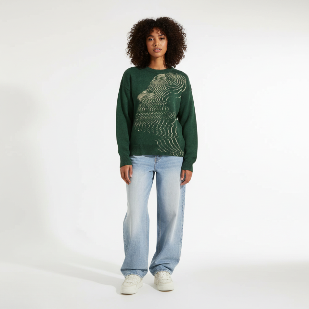 'Vibrations' Graphic Knitted Sweater - Moss Green