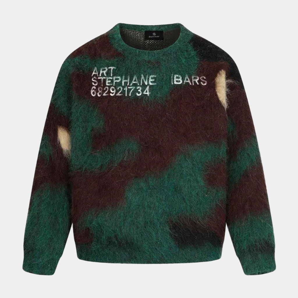 Embroidered Camouflage Shaggy Knitted Sweater
