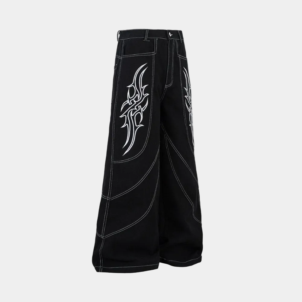 Deconstructed Contrast Embroidered Baggy Jeans