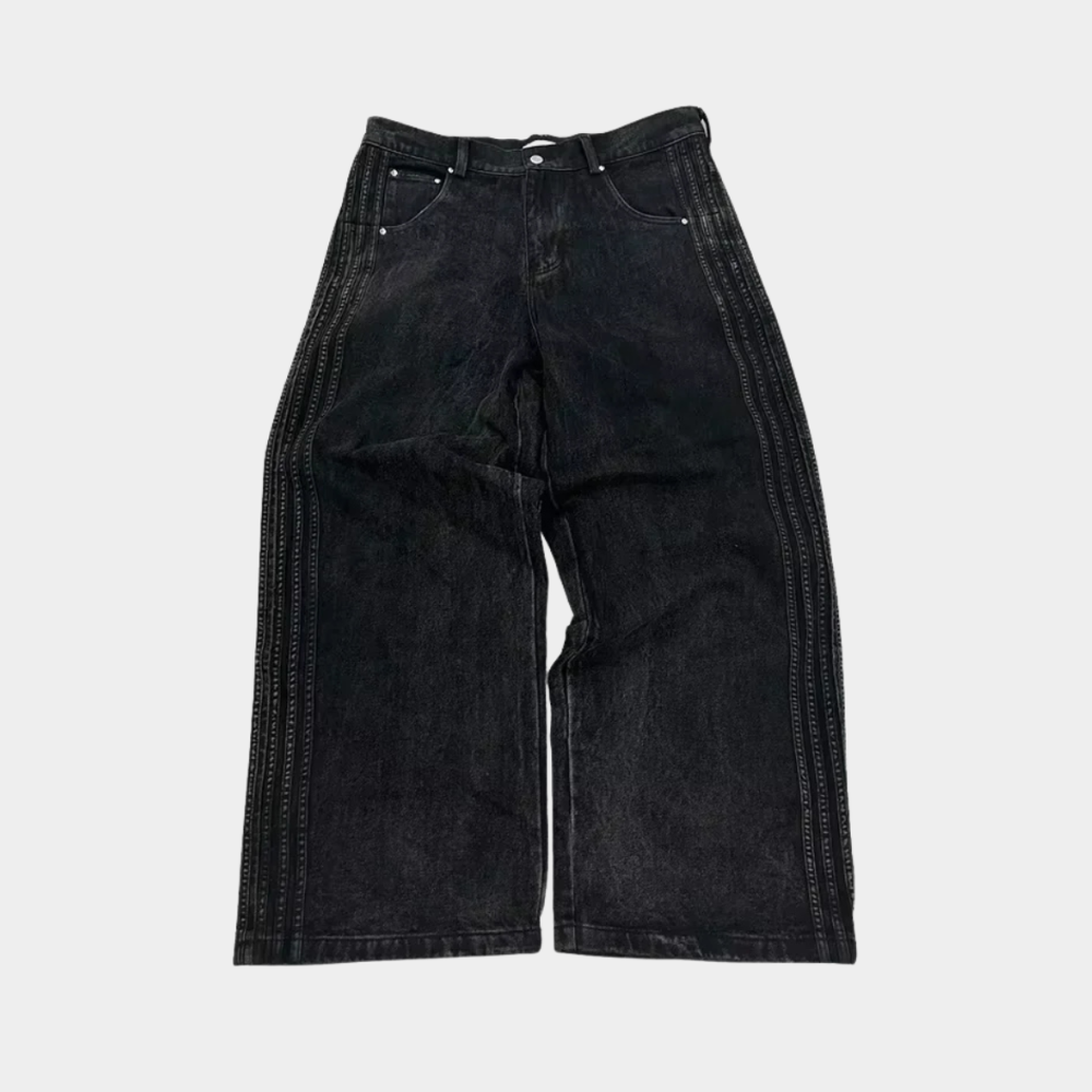 Embroidered Striped Baggy Jeans - Black/White