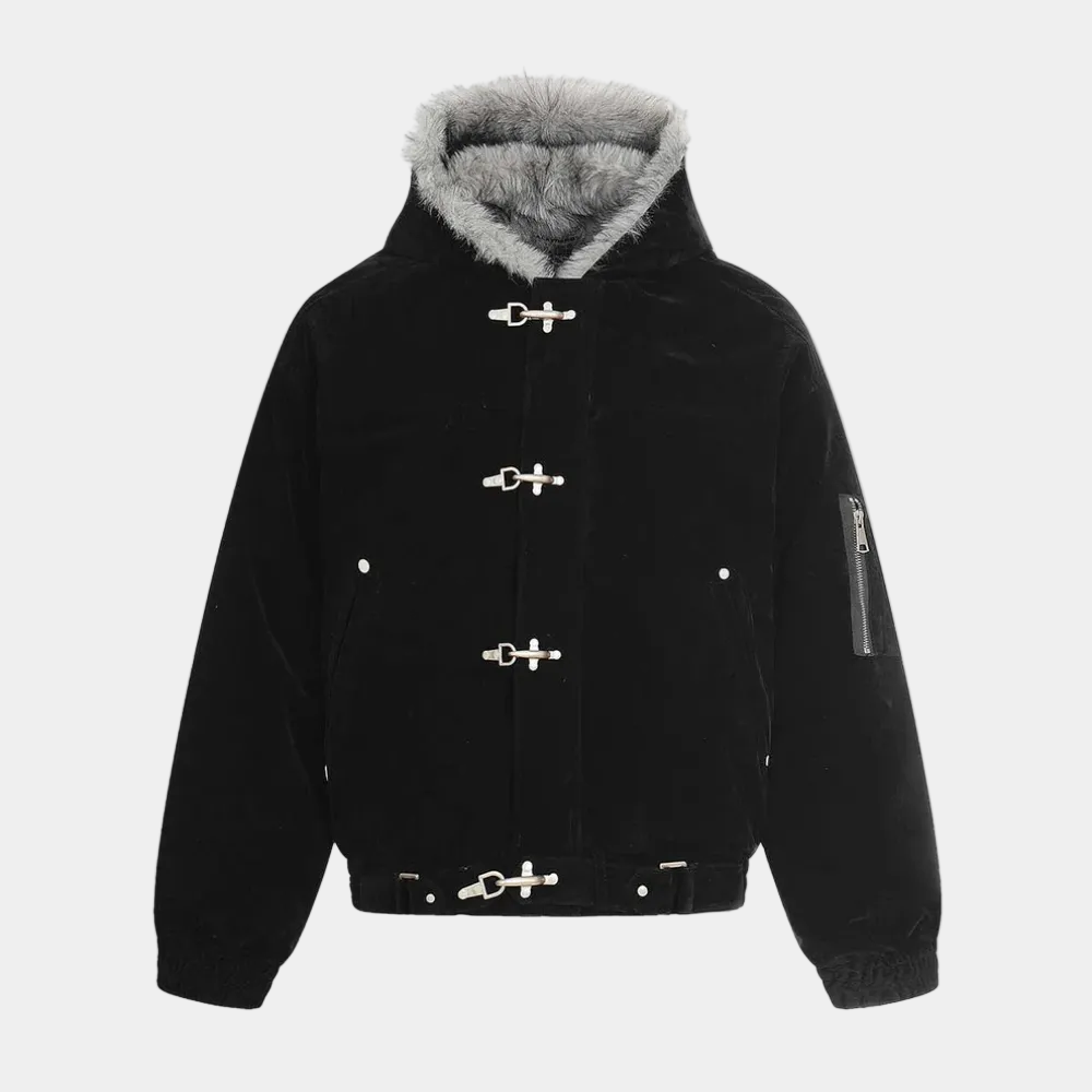 Streetwear Metal Clip Faux Fur Hooded Suede Bomber Jacket