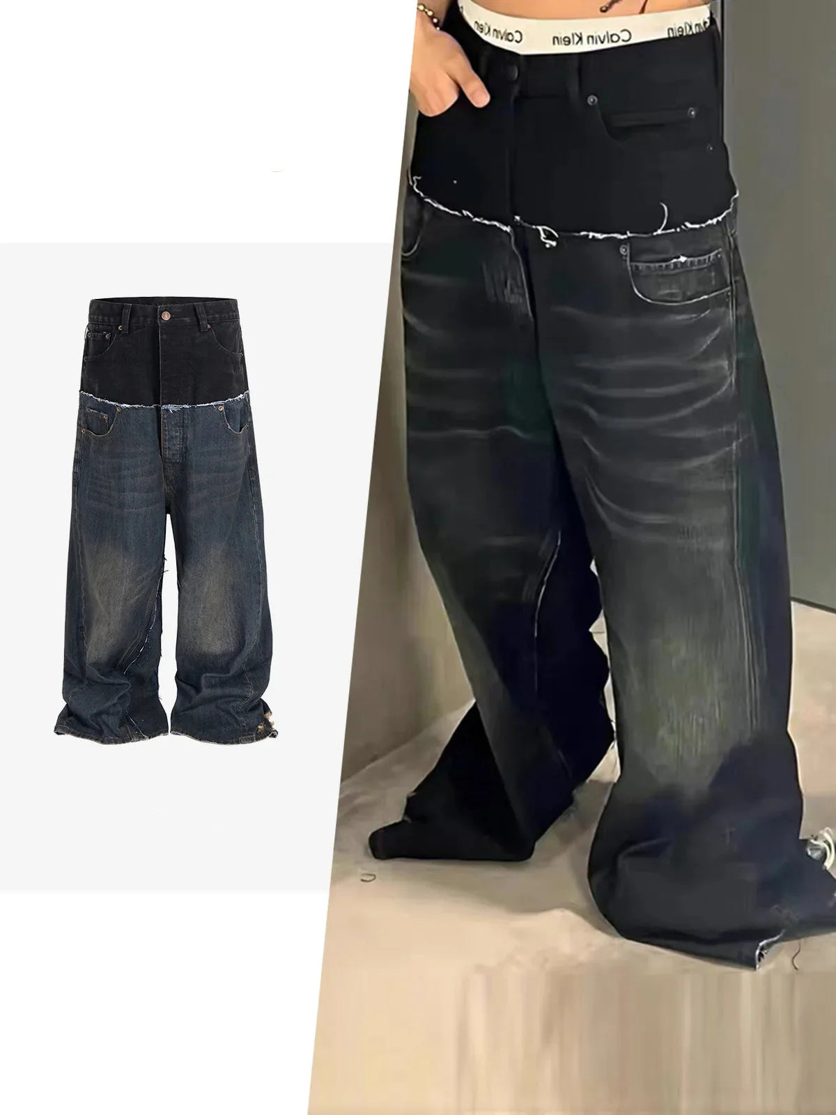 Cut-Up Washed Baggy Jeans